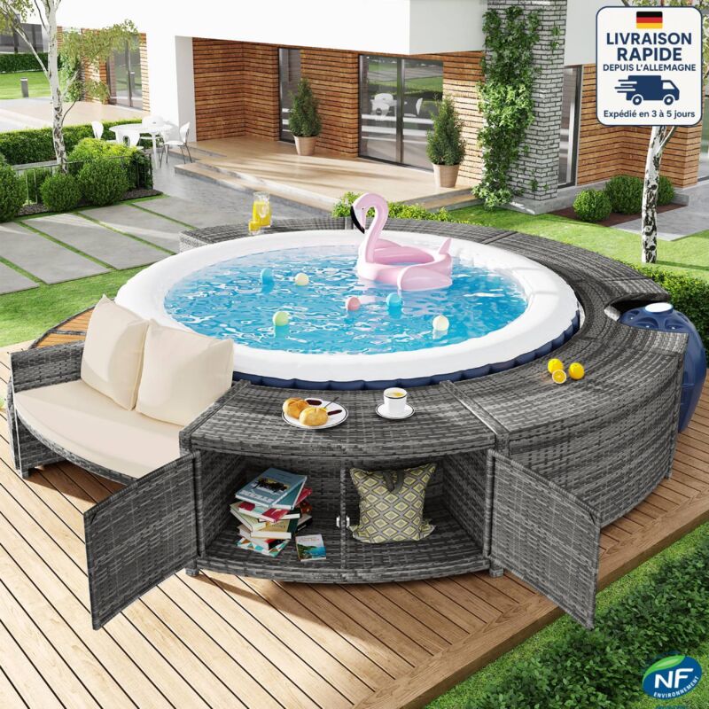 Ensemble de meubles de jardin avec canapé rond, adapté aux spas et aux piscines, avec pieds réglables, y compris les coussins, adapté aux terrasses,