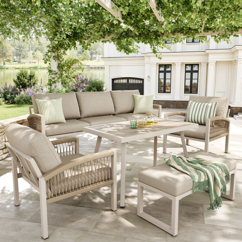 Canapé de jardin Siena - Salon de jardin 7 places avec canapé 173,5x65 cm, 2 fauteuils, banc, table verre effet bois, fer beige