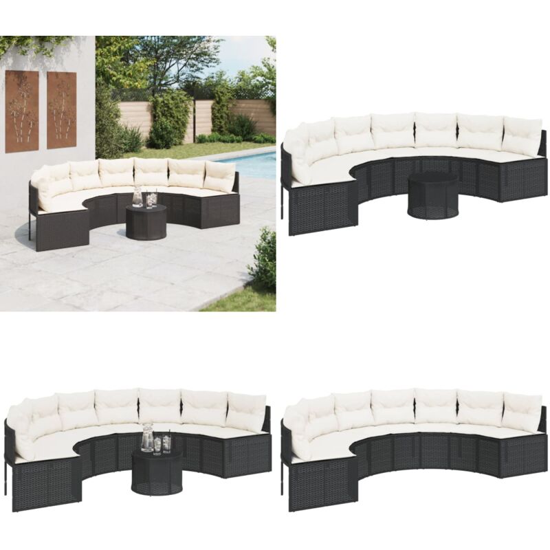 Canapé de jardin table coussins demi-rond noir résine tressée - Canapé De Jardin - Meubles De Jardin - Salon De Jardin - Ensemble De Jardin - Canapé