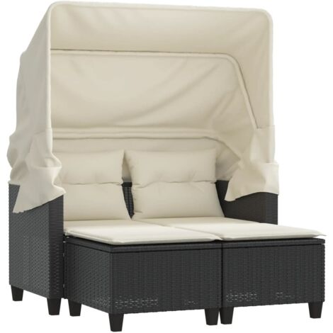 Canapé de jardin，Canapé d'extérieur，Sofa de jardin 2 places avec auvent et tabourets noir rotin CFW559462