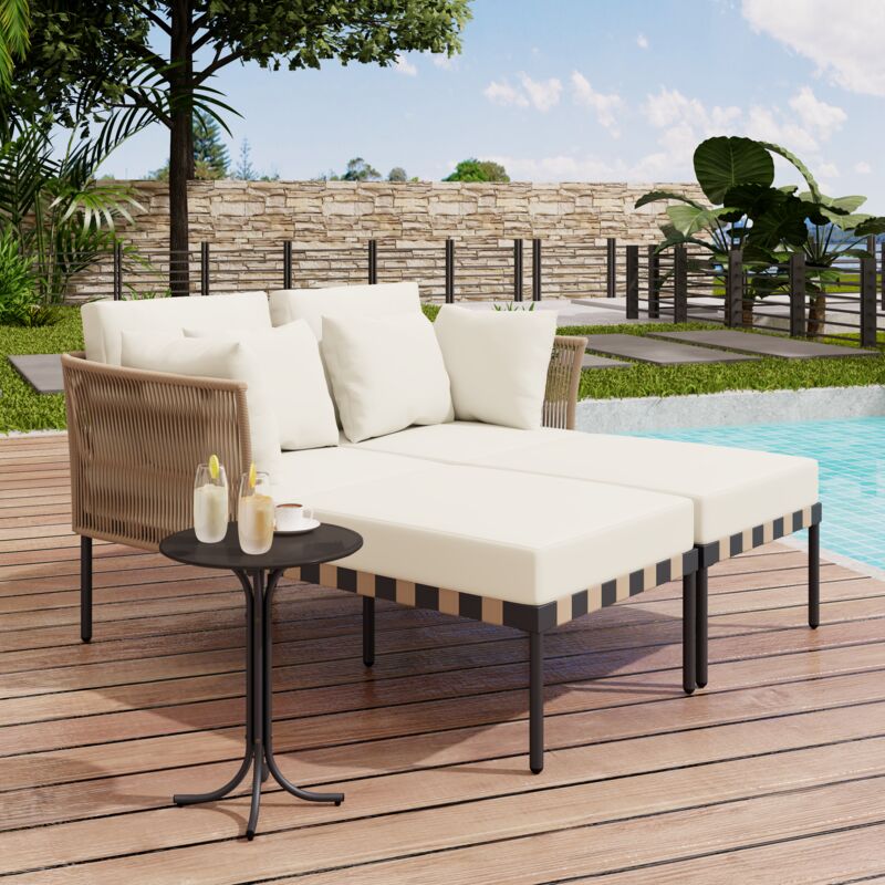 Canapé de jardin,Chaise longue d'extérieur amovible et modulaire,Ensemble de meubles de balcon avec 4 Coussins+Table basse,Beige