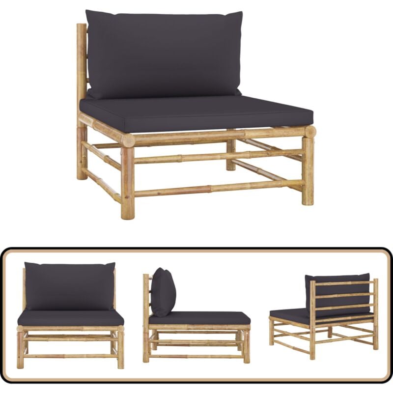 Canapé de milieu de jardin avec coussins gris foncé Bambou - Canapé De Jardin - Mobilier De Jardin - Canapé Modulaire - Meubles De Jardin - Salon De