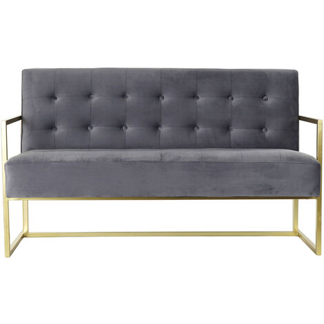 Canapé de salon capitonné en polyester, velours gris et métal doré - longueur 128 x profondeur 70 x hauteur 76 cm