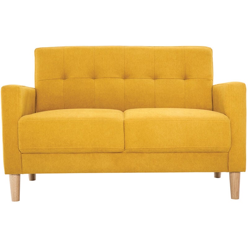 Canapé scandinave 2 places en tissu effet velours jaune moutarde et bois clair moon