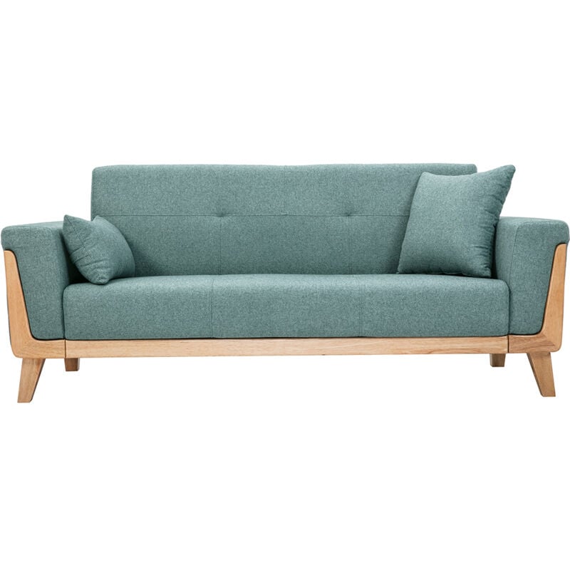 Canapé scandinave 3 places en tissu vert de gris et bois clair fjord