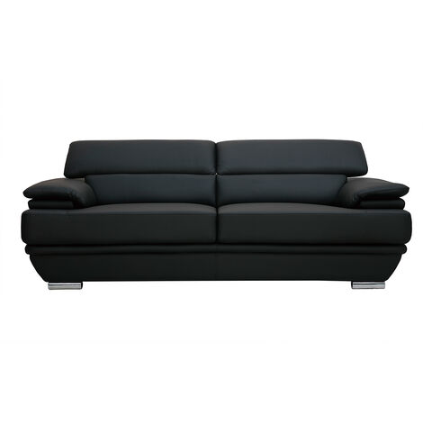 Canapé design avec têtières ajustables 3 places cuir noir et acier chromé EWING