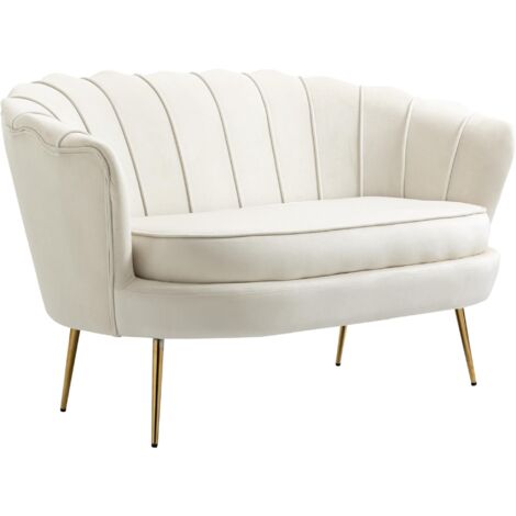 Canapé deux places en velours, petit canapé en forme de coquillage avec coussins de 10 cm d'épaisseur, structure en métal, pieds de canapé fuselés dorés, facile à monter, beige.