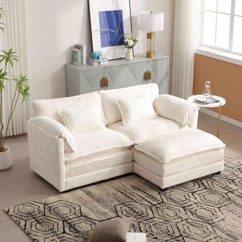 Okwish - Canapé 2 places avec repose-pieds, compartiments de rangement latéraux et coussins, en tissu chenille, blanc, pour salon et chambre