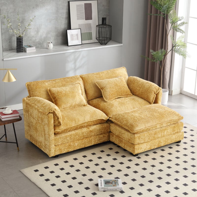 Okwish - Canapé 2 places avec repose-pieds, compartiments de rangement latéraux et coussins, en tissu chenille, jaune, pour salon et chambre