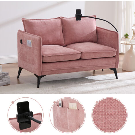 Canapé deux places moderne, petit canapé en tissu, fauteuil avec rangement, poches latérales et support de téléphone portable réglable, convient pour le salon/la chambre/le balcon (chenille rose)