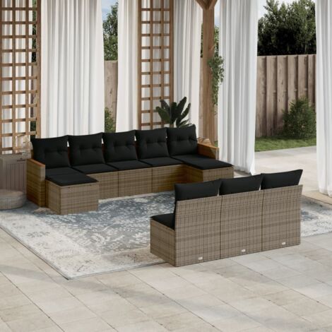 Canapé d'Extérieur 10 Places avec Coussins Gris en Résine Tressée Polyrotin - Ensemble Salon Jardin Modulaire avec Accoudoirs Acacia, Tabourets et Rangement Intégré