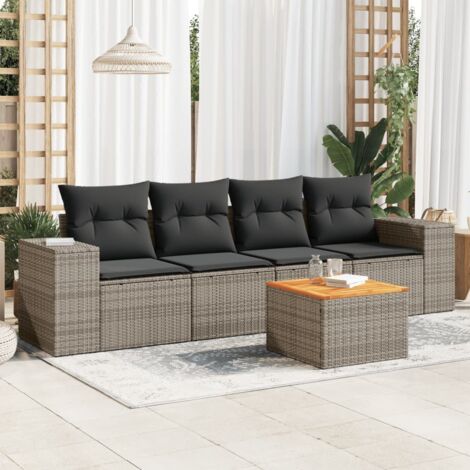 Canapé d'extérieur 5 pcs en résine tressée gris - Salon jardin avec table acacia et coussins lavables