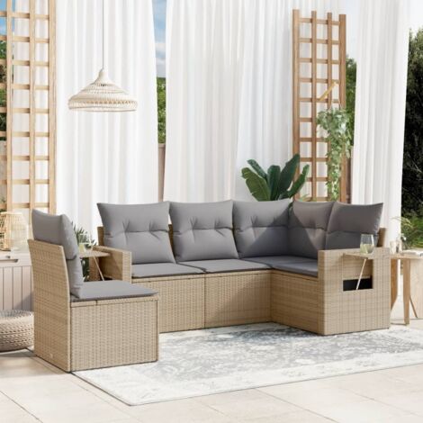 Canapé d'extérieur 5 places en résine tressée beige, incl. coussins gris, tables d'appoint et housses lavables. Modulable, résistant aux intempéries, max 110 kg/siège, nécessite assemblage.