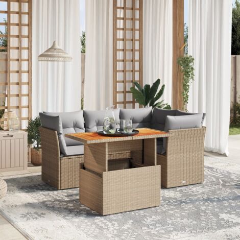 Canapé d'Extérieur 5 Places en Résine Tressée Beige, Table à Relevage Modulable avec 7 Coussins, Ensemble Salon Jardin