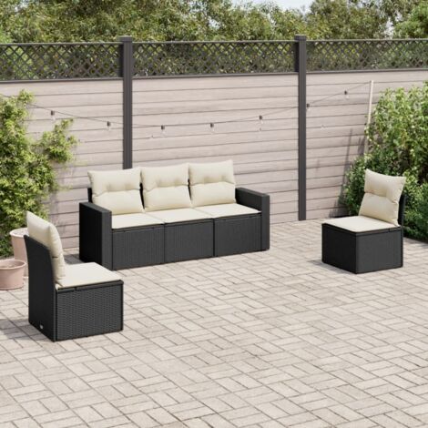 Canapé d'extérieur 5 places résine tressée noir avec coussins blanc crème - Ensemble salon jardin modulaire résistant aux intempéries