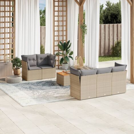 Canapé d'extérieur 6 places en résine tressée beige avec coussins gris - Table acacia - Ensemble salon jardin modulaire