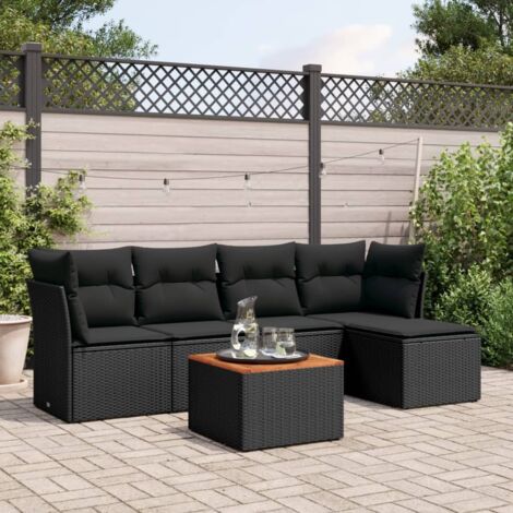 Canapé d'extérieur 6 places en résine tressée noire avec coussins et table acacia - Ensemble salon jardin modulaire résistant aux intempéries