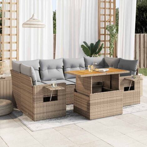 Canapé d'extérieur 7 pièces en résine tressée beige avec coussins gris – salon de jardin modulaire, rangement intégré et table réglable