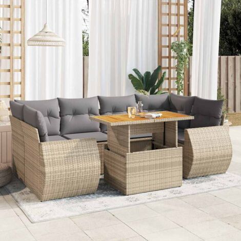 Canapé d'extérieur 7 pièces en résine tressée beige avec coussins gris, table réglable et rangement intégré