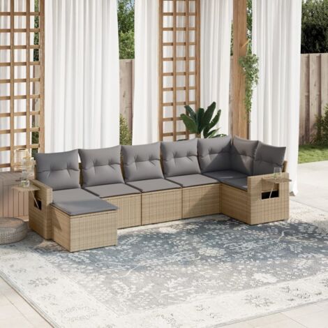 Canapé d'extérieur 7 places en résine tressée beige avec coussins gris lavables – Modèle modulaire résistant aux UV