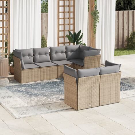 Canapé d'extérieur 7 places en résine tressée beige – avec coussins lavables, modulaire et résistant aux UV