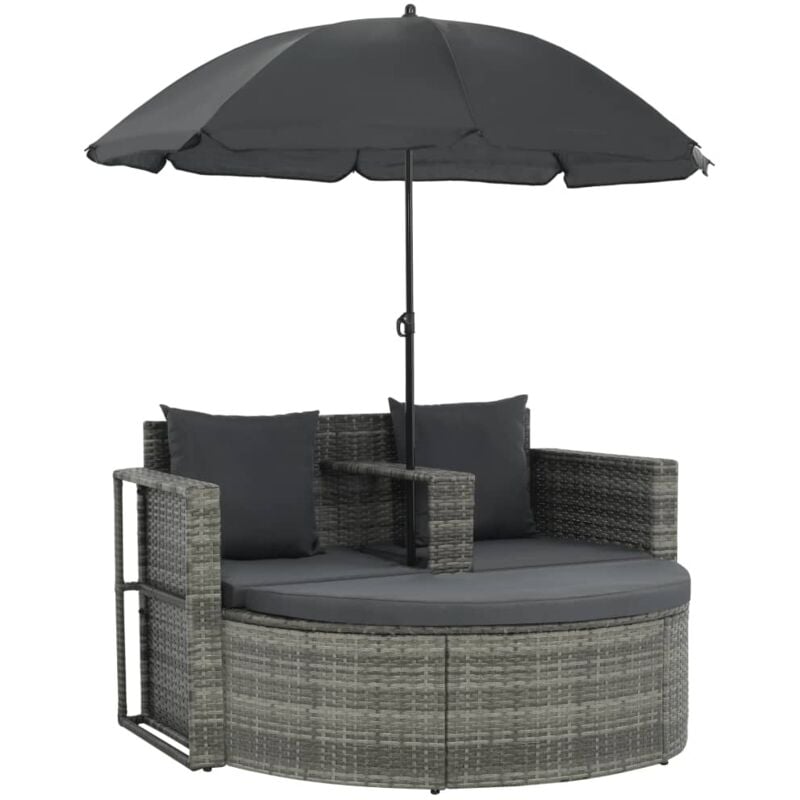 Canapé de jardin avec coussins et parasol Gris Résine tressée