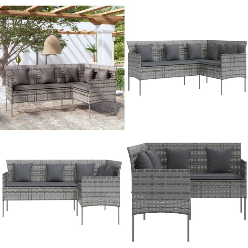Canapé d'extérieur en l avec coussins Résine tressée Gris - Canapé De Jardin - Canapé Extérieur - Mobilier De Jardin - Jardin - Détente - Home &