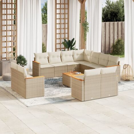 Canapé d'extérieur en résine tressée beige avec 12 coussins assortis – Ensemble salon de jardin complet