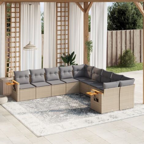 Canapé d'extérieur en résine tressée beige avec coussins lavables – Ensemble salon complet 10 pièces pour jardin ou terrasse