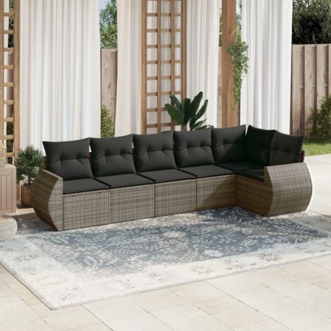 Canapé d'Extérieur Modulaire 6 Places en Résine Tressée Gris avec Table en Verre Trempé et Coussins Détachables - Salon de Jardin Complet