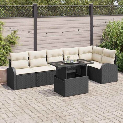 Canapé d'extérieur modulaire 7 pièces noir poly rotin - Ensemble salon jardin avec coussins, table verre trempé, rangements