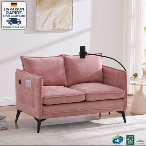 Canapé droit 2 places 127x69x66 cm avec poches latérales et support de téléphone réglable, canapé en tissu, tissu chenille, rose
