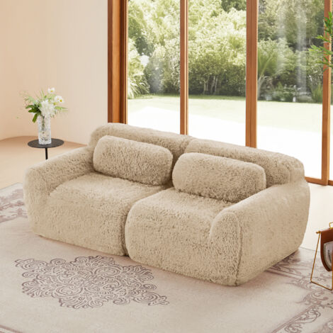 Canapé droit 2 places modulable en peluche, design sans armature, mousse haute résilience 32D, coussins inclus, meuble de salon/chambre, kaki