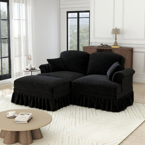 Canapé droit 2 places modulable transformable en angle avec pouf, jupe amovible, pieds fuselés, meuble de salon, chenille noir
