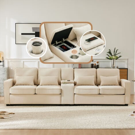 Canapé droit 200x83x88cm, Canapé 4 place avec 2 porte-gobelets, 2 ports USB, Poches latérales,  salon, lin, beige