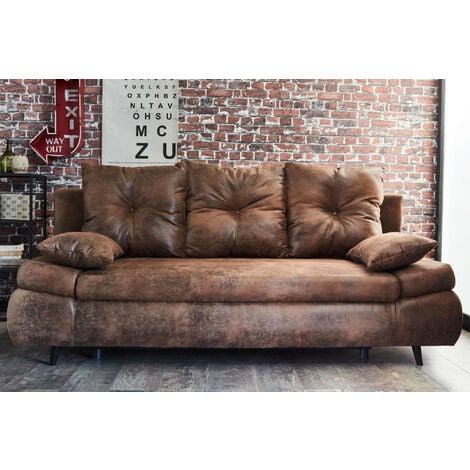 Canapé droit 3 places convertible BESTMOBILIER Larson - Avec coffre de rangement - Style industriel - Marron