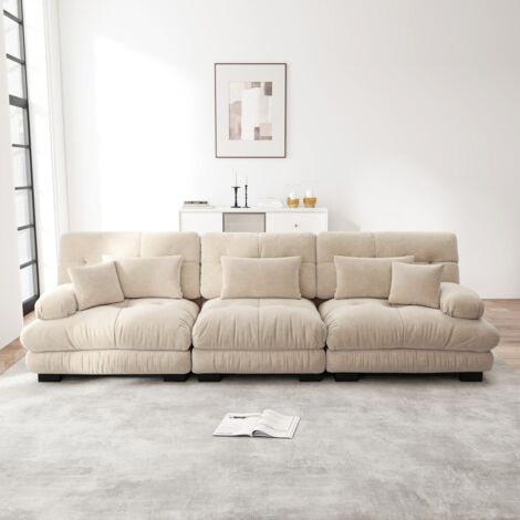 Canapé droit 3 places modulaire-canapé-lit profond-chenille beige-clair-confortable-salon-appartement-bureau-313x77x81cm