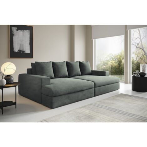 Canapé droit 4 places CALDERO avec double méridienne - assise profonde - velours côtelé - Gris Foncé