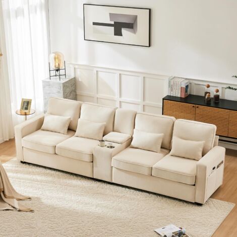 Canapé droit 4 places – Canapé droit multifonction avec méridienne, coussins amovibles et poches sur les accoudoirs – Lin gris clair