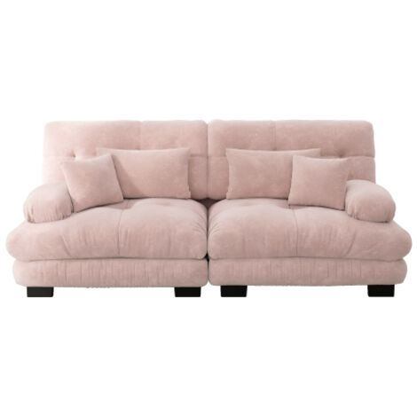 Canapé droit, canapé 2 places avec avec 2 coussins lombaires et 2 coussins déco, en chenille, rose