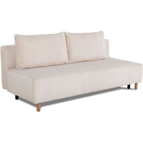 Canapé droit convertible 3 places GINO - Velours côtelé beige - Avec coffre - L 195 x H 89 x P 91 cm