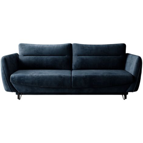 Canapé droit convertible velours ZURIK - Coffre de rangement et pieds métal noir-Bleu