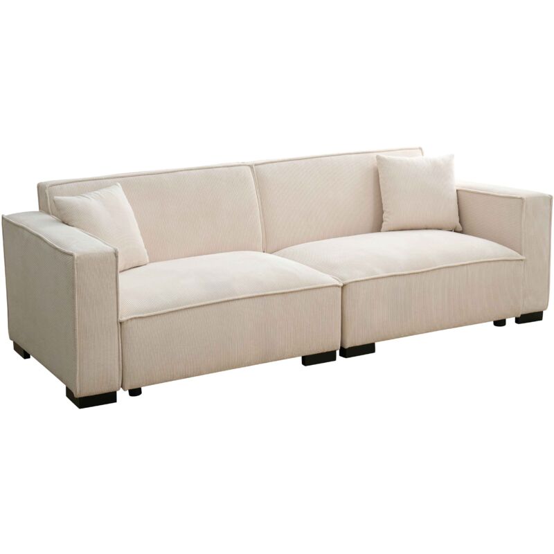 Oviala - Canapé droit en velours côtelé 3 places écru