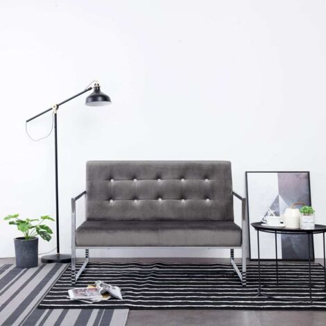 Canapé droit fixe 2 places Contemporain - Sofa Divan Banquette - avec accoudoirs Gris foncé Chrome et velours Chic-154115