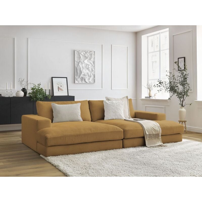Bobochic - Canapé droit fixe 4 places leonard assise profonde velours côtelé Jaune