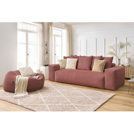 Canapé droit fixe BOBOCHIC - Canapé droit fixe 3 places VOLTAIRE velours côtelé avec pouf   Rose