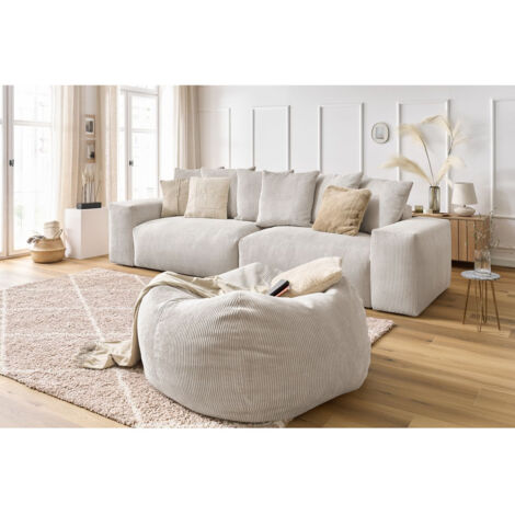 Canapé droit fixe BOBOCHIC - Canapé droit fixe 4 places VOLTAIRE velours côtelé avec pouf   Beige