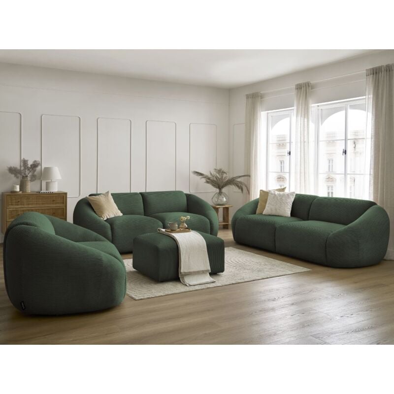 Canapé droit fixe Bobochic Ensemble canapé droit fixe 3 + 2 places + fauteuil tina velours côtelé avec pouf Vert