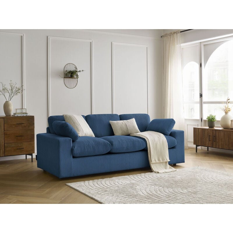 Bobochic - Canapé droit fixe compact belair velours côtelé Bleu foncé