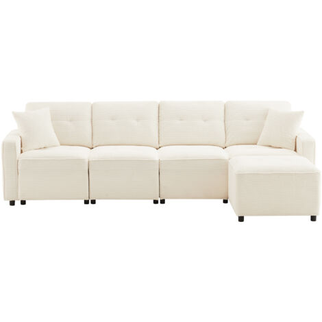 Canapé droit modulable 4 places en velours côtelé avec rangement sous assise et pouf inclus, design confortable pour salon, beige